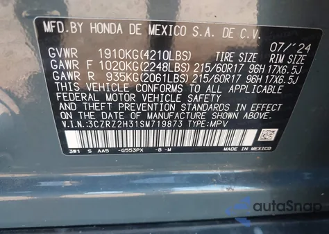 2025 Honda Hr-V Lx z USA, uszkodzony, nr VIN 3CZRZ2H31SM719873